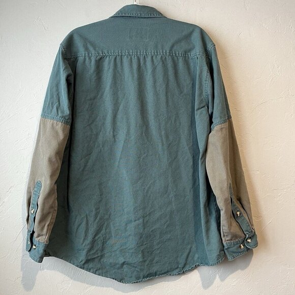 Button Up Patchwork Utility Green Brown Canvas Hunting Shirt L Quilted duck - Picture 8 of 8